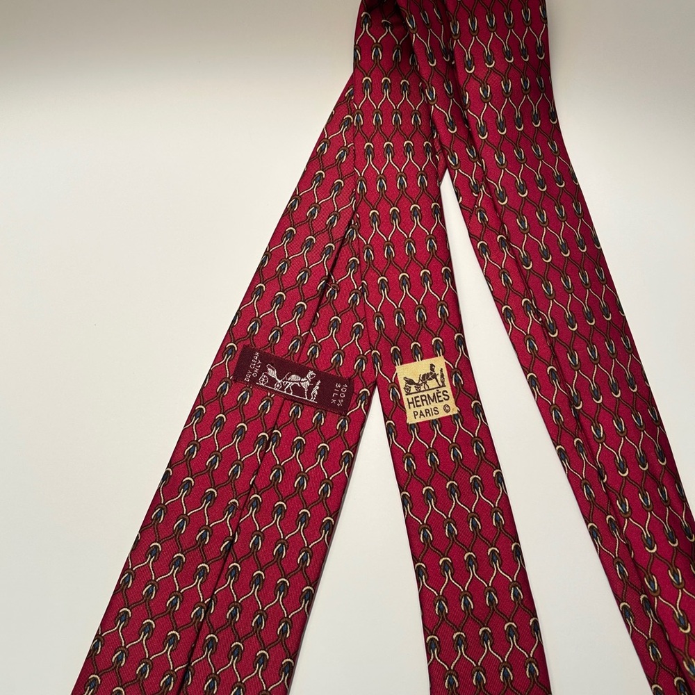 HERMES VINTAGE SILK ROPE & RINGS TIE GRIDS SQUARE BUCKLE RIDING FRANCE RED - Picture 5 of 9